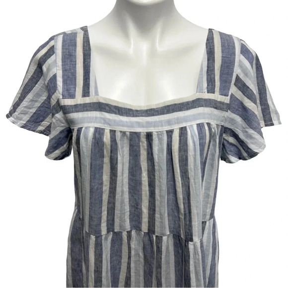 BeachLunchLounge Blue White Striped Linen Blend Tiered Short Sleeve Sundress - Picture 3 of 9